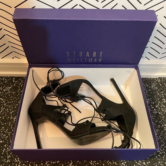 Stuart Weitzman black leather wrap suede strappy sandals - 4.5 inch heels - Picture 4 of 14